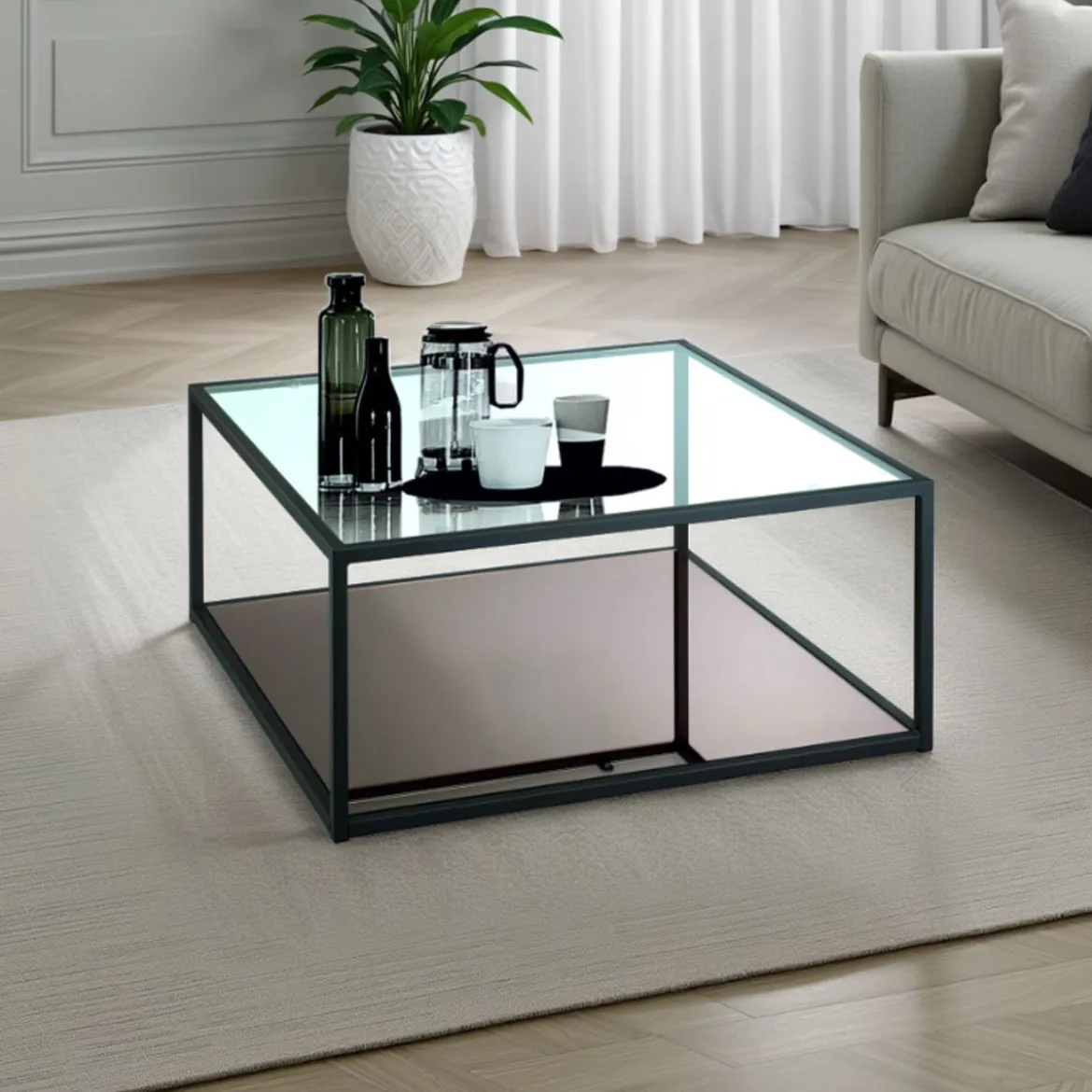 Tati tavolino piano in vetro trasparente in acciaio verniciato nero opaco 80x80 h35 cm