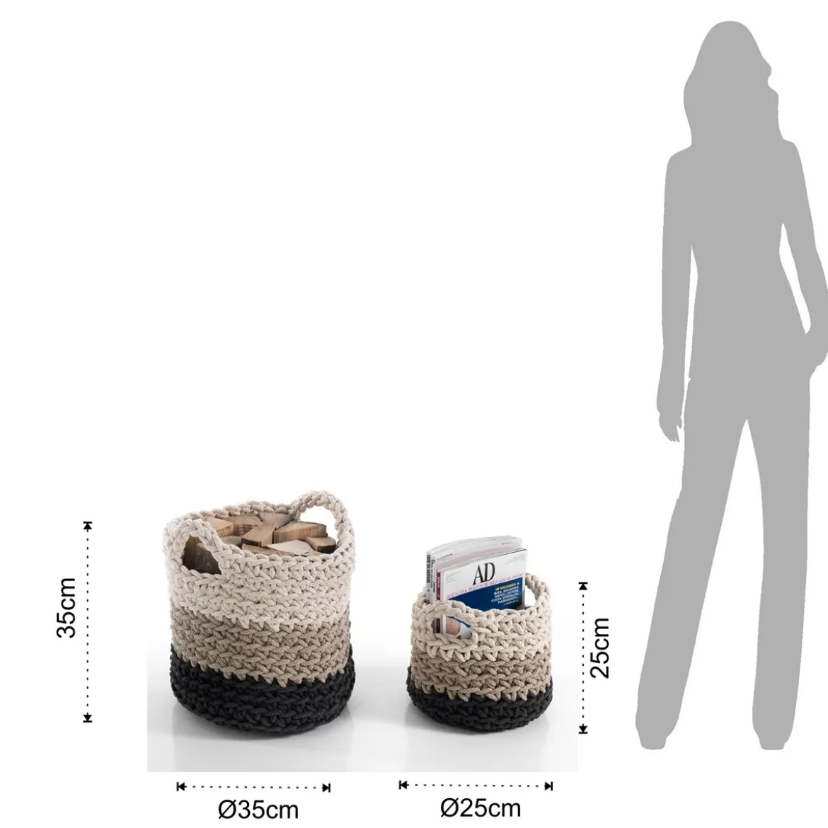 Tender set 2 ceste multifunzione 100% cotone grigio tortora beige porta legna riviste giochi biancheria