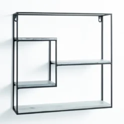 Tetris mensola da parete metallo nero opaco ripiani legno colore bianco invecchiato cm l40 p10 h40