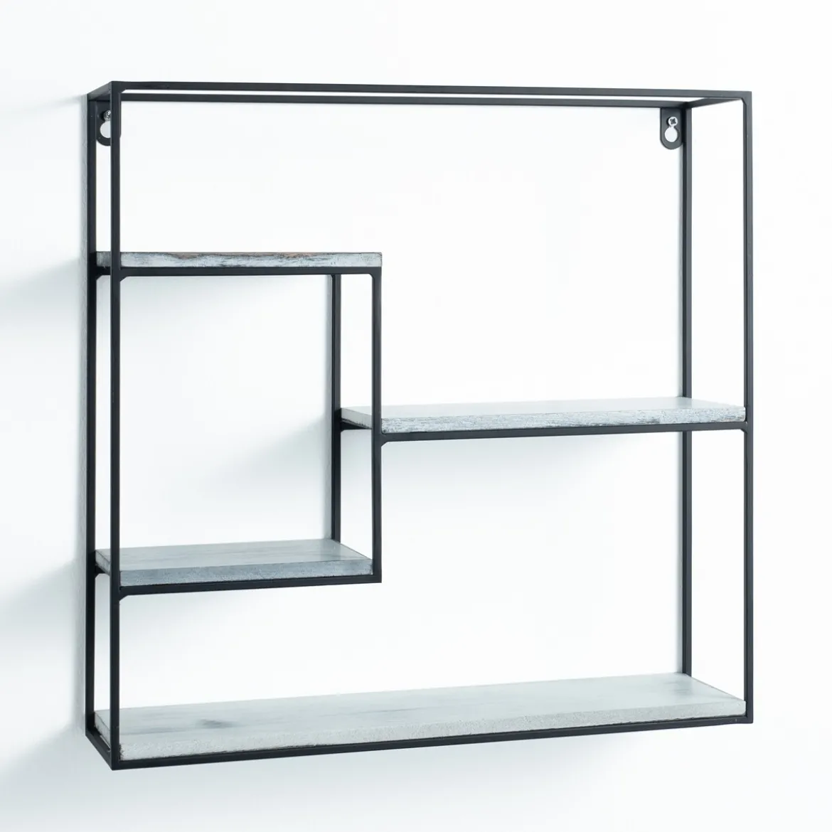 Tetris mensola da parete metallo nero opaco ripiani legno colore bianco invecchiato cm l40 p10 h40
