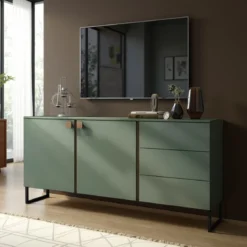 Thessa Green Smoke madia 2 ante 3 cassetti melaminico verde grigio noce piede metallo nero opaco h90 l184 p40