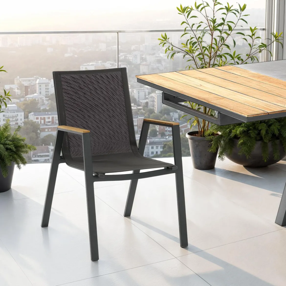 Thilia sedia con braccioli da interno e esterno in alluminio antracite opaco e tessuto grigio 56x68.5xh89 cm