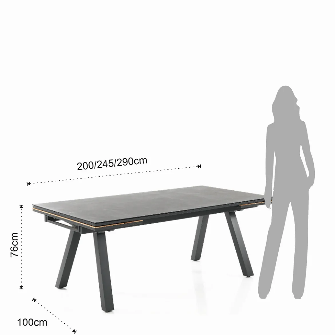 Thilia tavolo allungabile in alluminio antracite opaco piano in vetro colore antracite 200-290x100xh76 cm