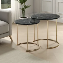 Thin-r black marble set 2 tavolini acciaio verniciato oro rosa lucido piano mdf finitura marmo nero h495 d50