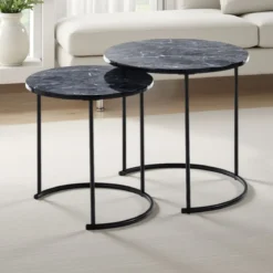 Thin-r black marble set 2 tavolini rotondi in acciaio nero opaco e mdf finitura marmo nero lucido