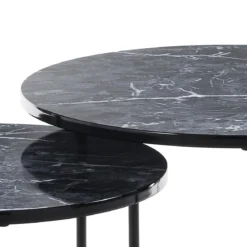 Thin-r black marble set 2 tavolini rotondi in acciaio nero opaco e mdf finitura marmo nero lucido