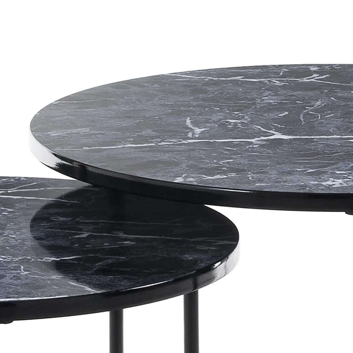 Thin-r black marble set 2 tavolini rotondi in acciaio nero opaco e mdf finitura marmo nero lucido