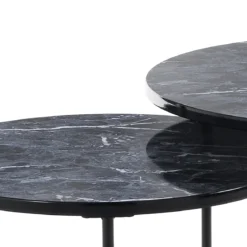 Thin-r black marble set 2 tavolini rotondi in acciaio nero opaco e mdf finitura marmo nero lucido