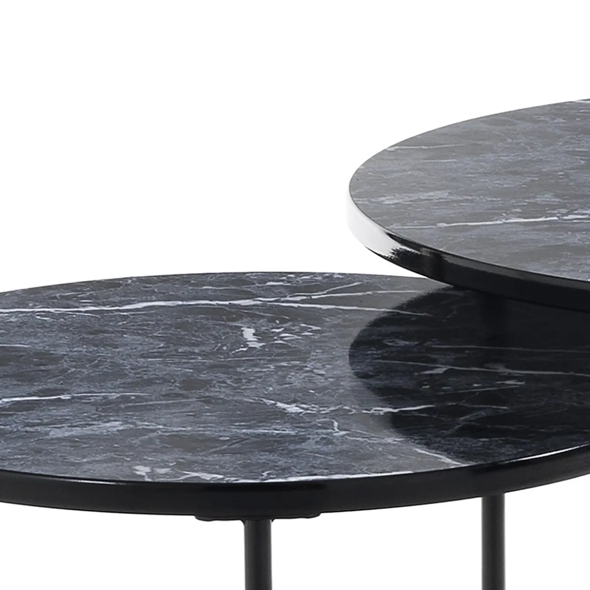 Thin-r black marble set 2 tavolini rotondi in acciaio nero opaco e mdf finitura marmo nero lucido