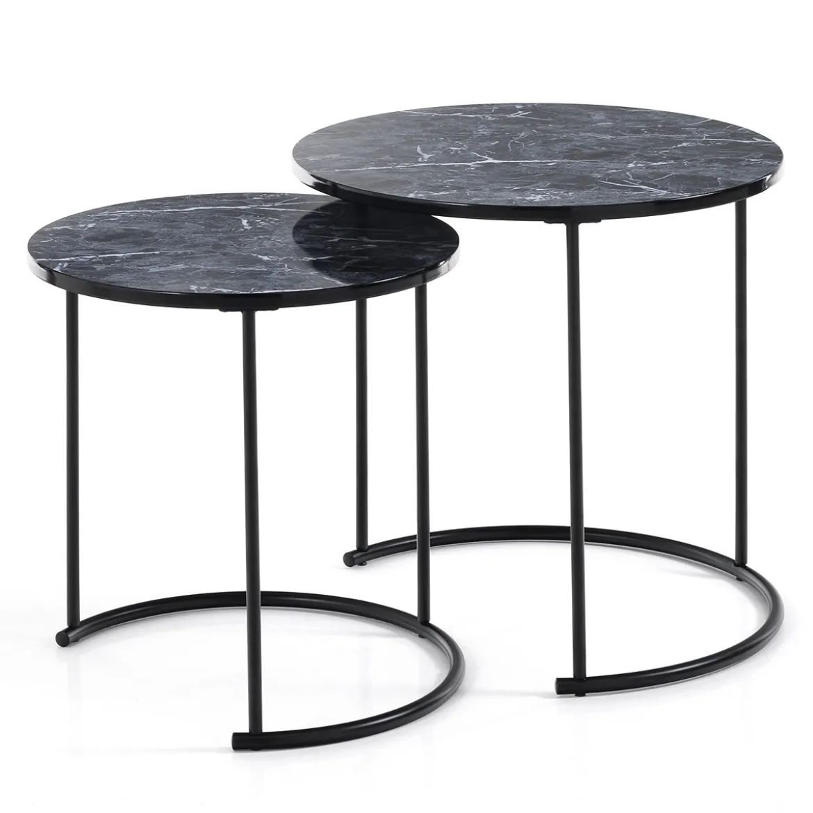 Thin-r black marble set 2 tavolini rotondi in acciaio nero opaco e mdf finitura marmo nero lucido