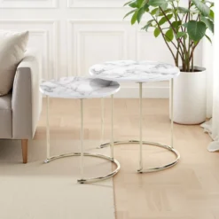 Thin-r white marble set 2 tavolini rotondi in acciaio oro lucido e mdf finitura marmo bianco lucido
