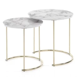 Thin-r white marble set 2 tavolini rotondi in acciaio oro lucido e mdf finitura marmo bianco lucido