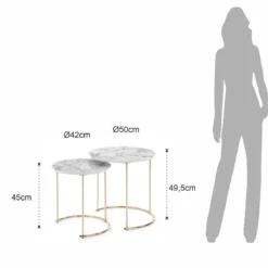 Thin-r white marble set 2 tavolini rotondi in acciaio oro lucido e mdf finitura marmo bianco lucido