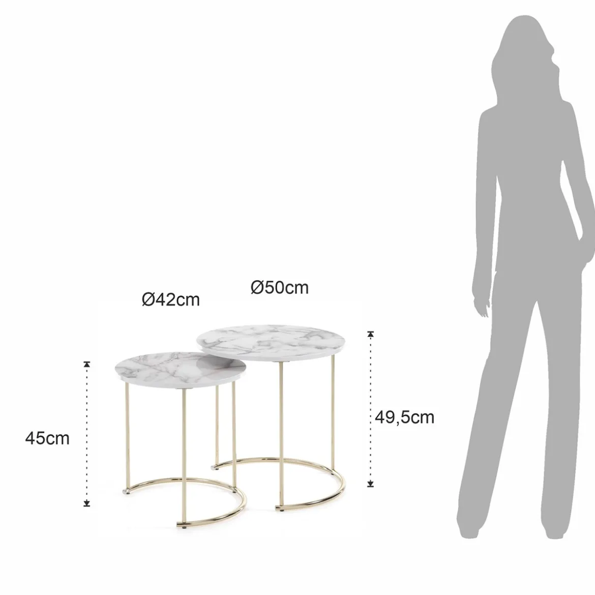Thin-r white marble set 2 tavolini rotondi in acciaio oro lucido e mdf finitura marmo bianco lucido