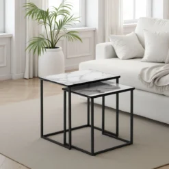 Thin white marble set 2 tavolini in acciaio grigio antracite opaco e mdf finitura marmo bianco lucido