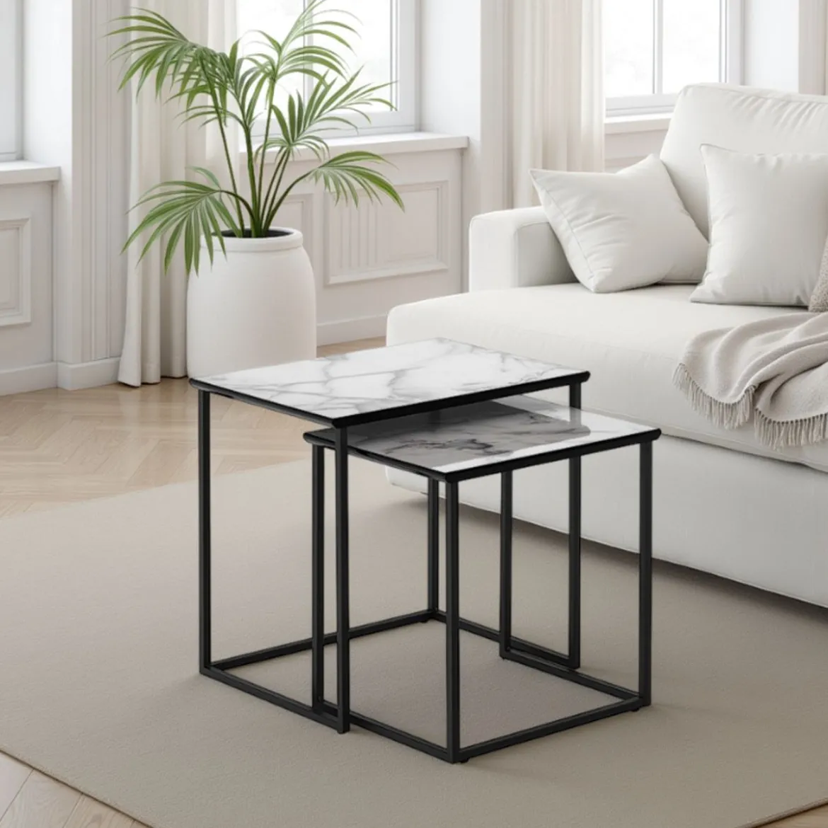 Thin white marble set 2 tavolini in acciaio grigio antracite opaco e mdf finitura marmo bianco lucido