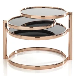 Three rings copper tavolino in metallo finitura rame lucido piani girevoli in vetro nero cm