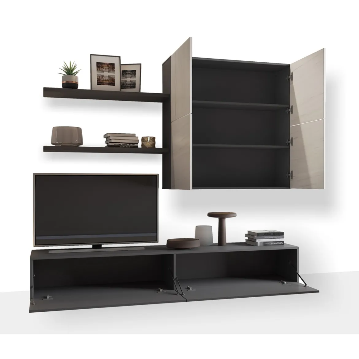 Tonya parete soggiorno grigio graphite opaco e 4 ante con finitura marmo 200x39.5xh194 cm