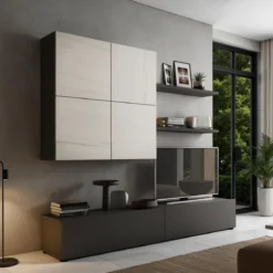 Tonya parete soggiorno grigio graphite opaco e 4 ante con finitura marmo 200x39.5xh194 cm
