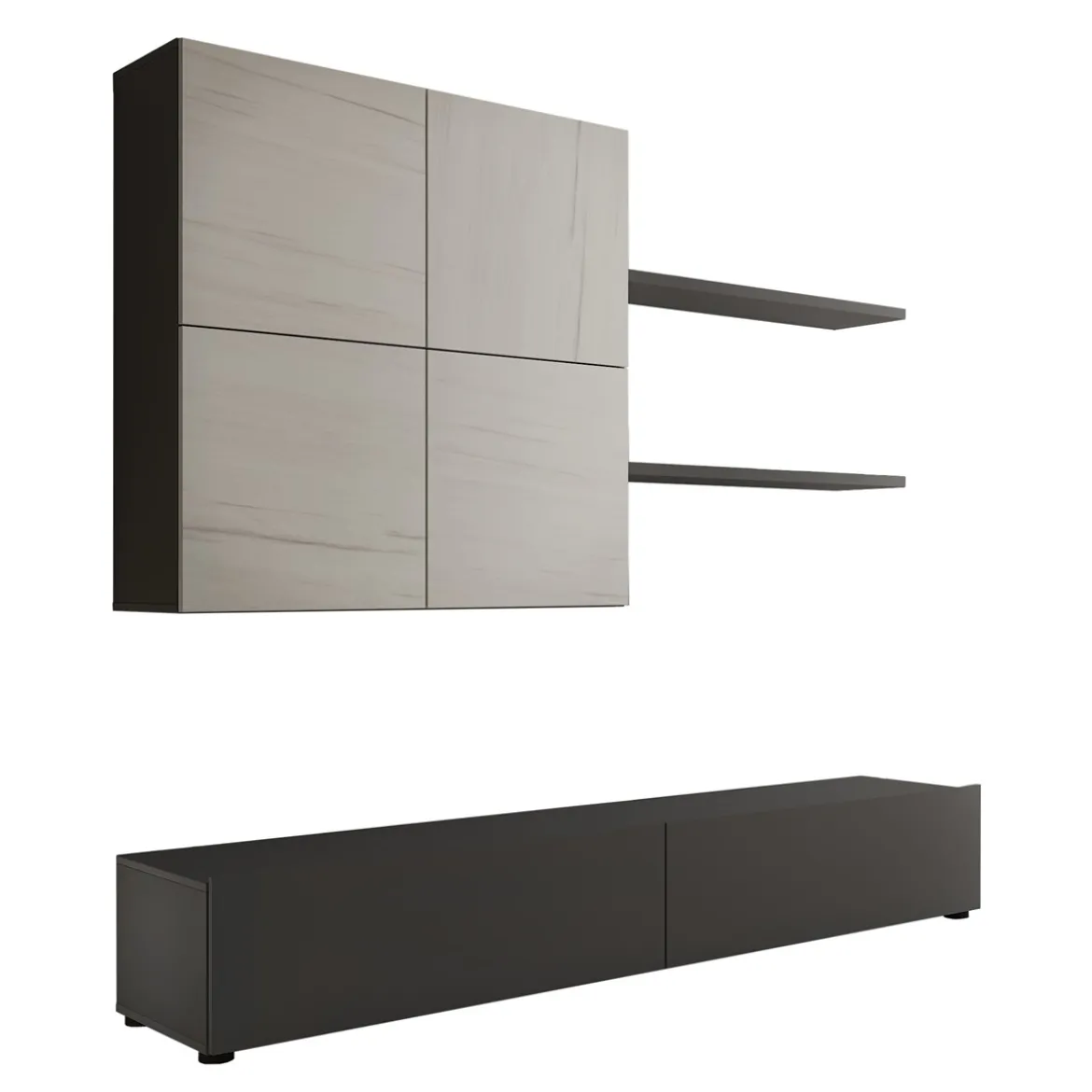 Tonya parete soggiorno grigio graphite opaco e 4 ante con finitura marmo 200x39.5xh194 cm