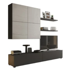 Tonya parete soggiorno grigio graphite opaco e 4 ante con finitura marmo 200x39.5xh194 cm
