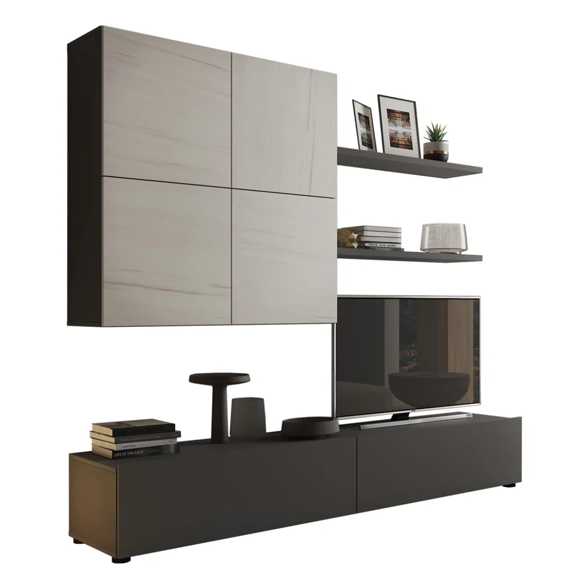 Tonya parete soggiorno grigio graphite opaco e 4 ante con finitura marmo 200x39.5xh194 cm