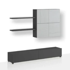 Tonya parete soggiorno grigio graphite opaco e 4 ante con finitura marmo 200x39.5xh194 cm