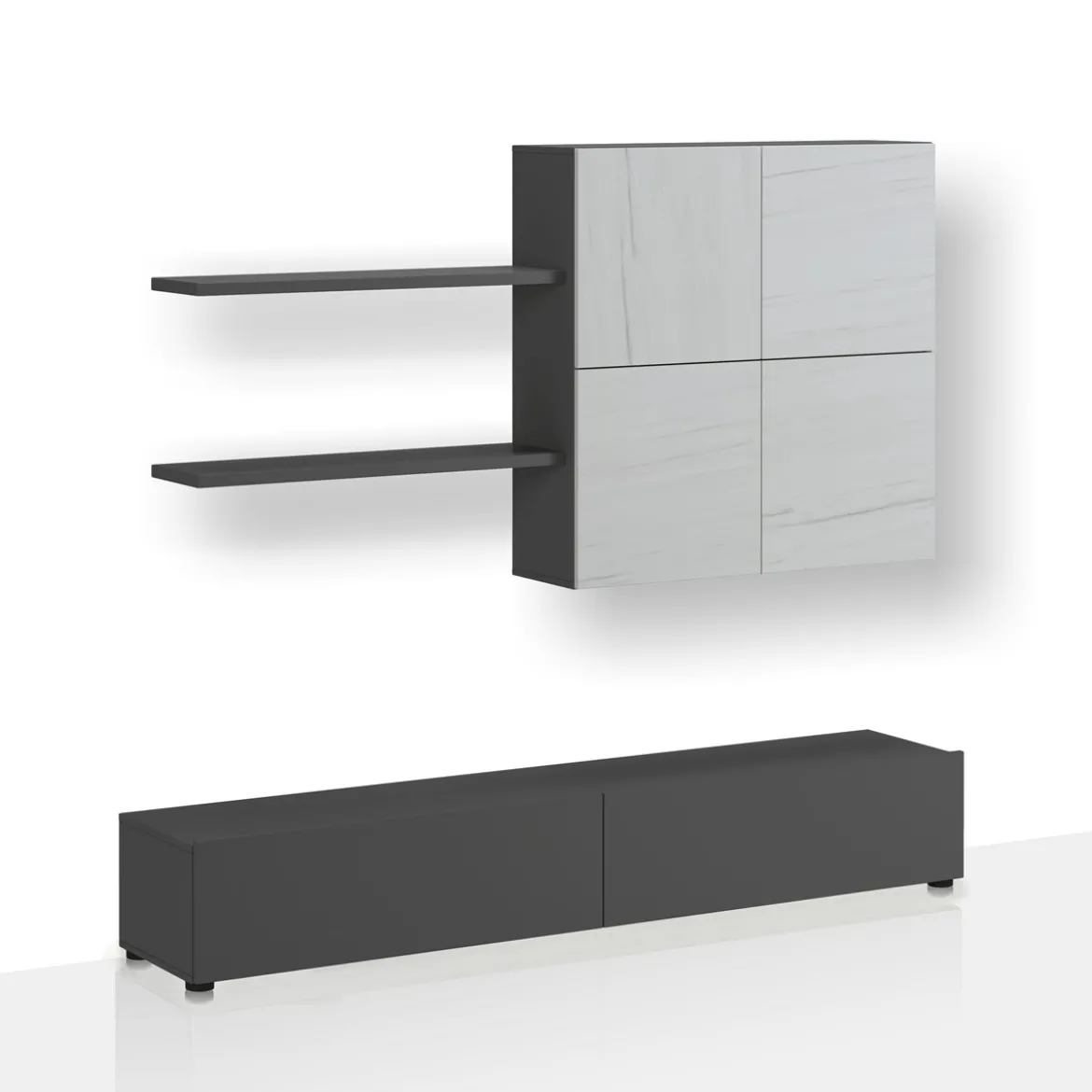 Tonya parete soggiorno grigio graphite opaco e 4 ante con finitura marmo 200x39.5xh194 cm