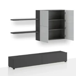 Tonya parete soggiorno grigio graphite opaco e 4 ante con finitura marmo 200x39.5xh194 cm