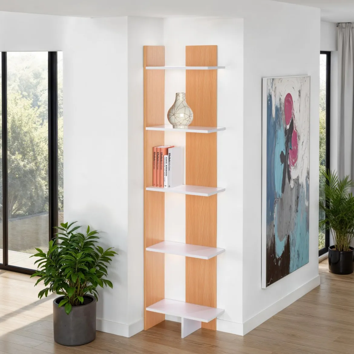 Tower-a libreria a colonna selma bianco opaco e finitura rovere 41.5x21.5xh170 cm