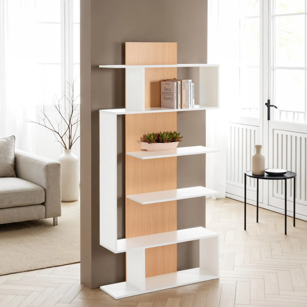 Tower-b libreria a colonna sanna bianco opaco e finitura rovere 80x25.5xh170 cm