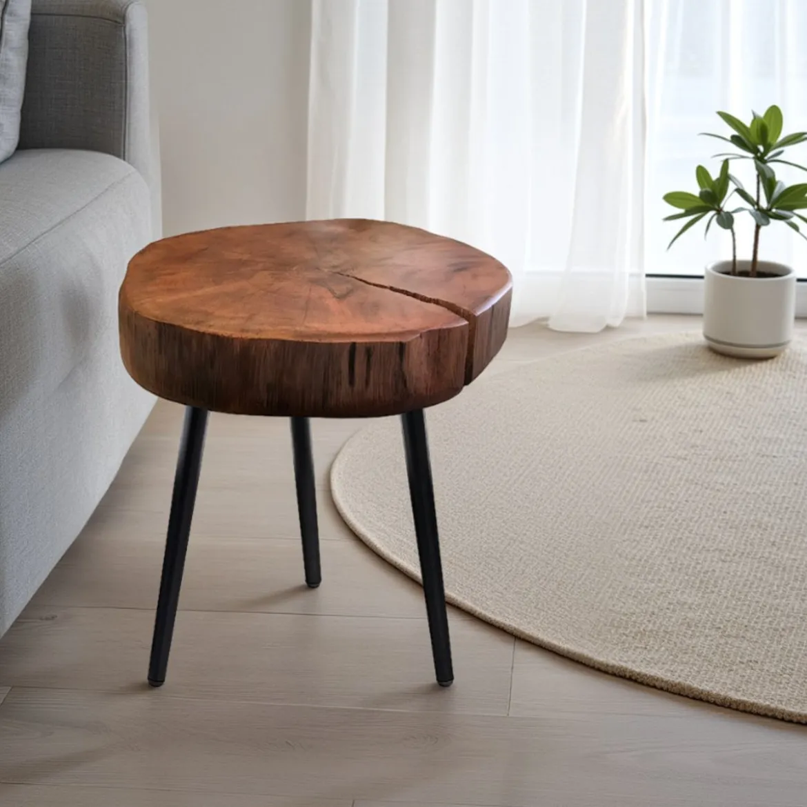 Trunk-a tavolino rotondo in legno massello e metallo nero opaco h42 ø35 cm