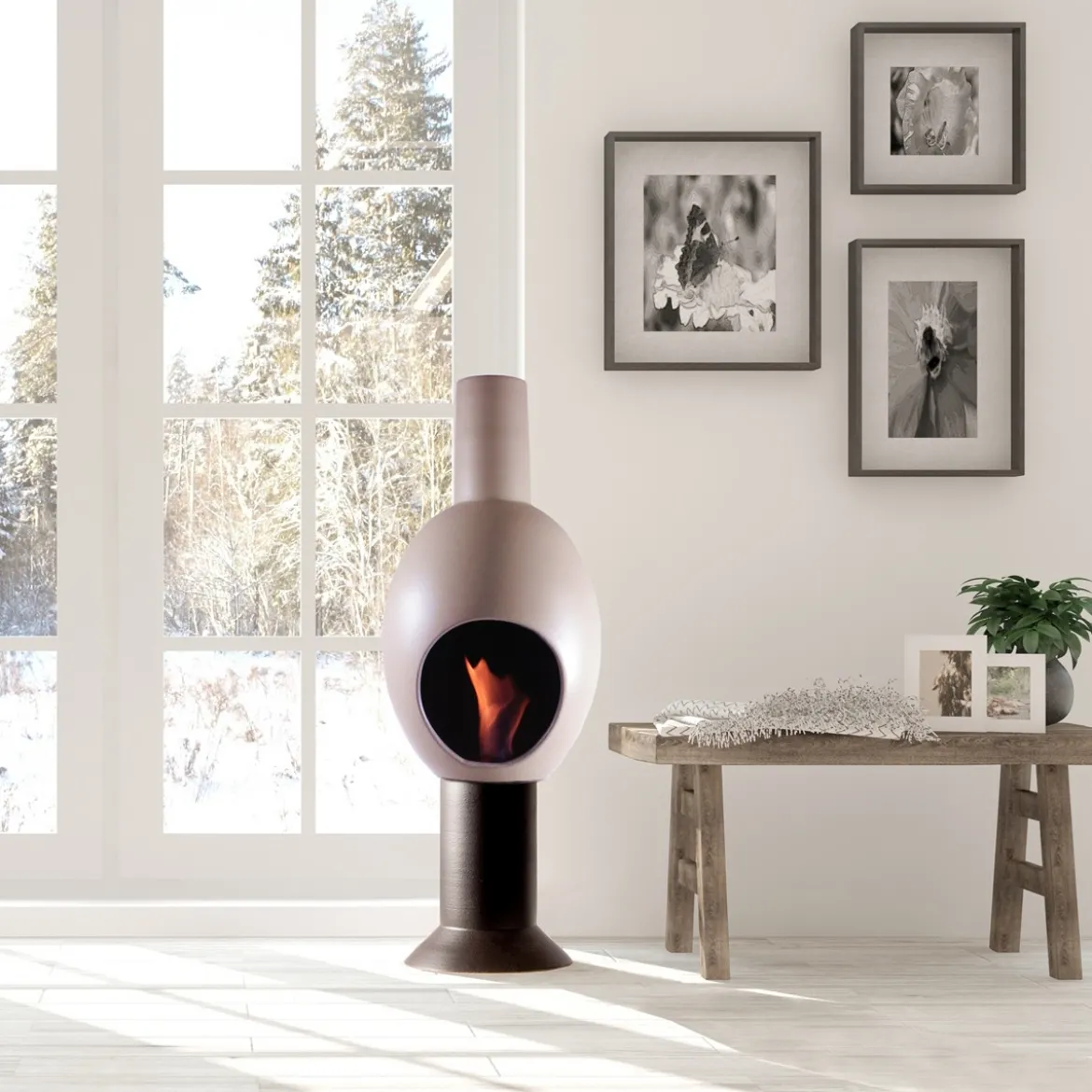 Uovo grigio camino a bioetanolo in ceramica realizzato a mano non necessita di canna fumaria cm. h95 d30 made in italy