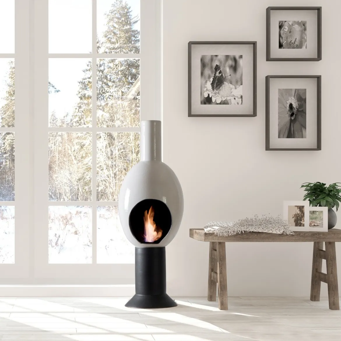 Uovo white camino a bioetanolo in ceramica realizzato a mano non necessita di canna fumaria cm. h95 d3 made in italy