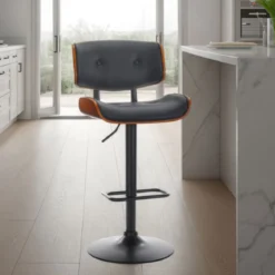 Uppsala black sgabello legno multistrato tinto finitura noce pelle sintetica nera metallo nero opaco h95/115 l51 p55