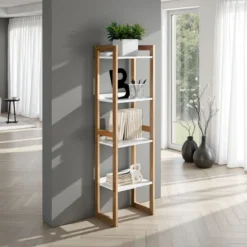 Varm libreria a colonna struttura legno massello finitura rovere ripiani laccati bianco opaco h130 p29 l35.5 cm