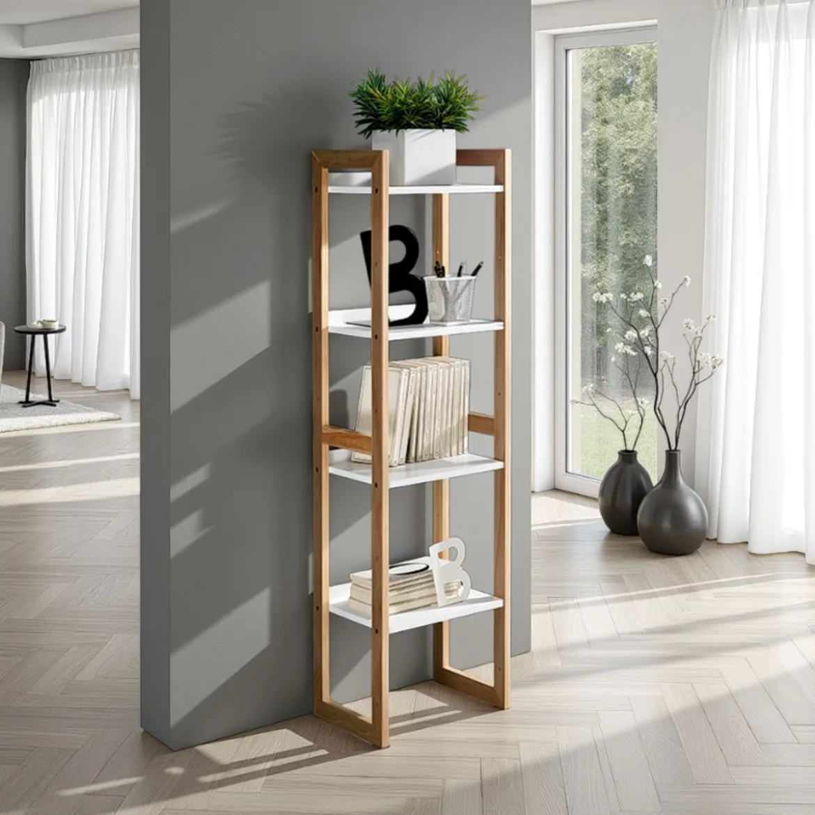 Varm libreria a colonna struttura legno massello finitura rovere ripiani laccati bianco opaco h130 p29 l35.5 cm