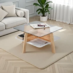 Varm tavolino in legno finitura rovere piano in vetro trasparente 60x60 h30 cm