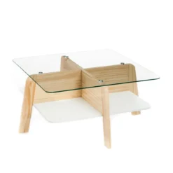 Varm tavolino in legno finitura rovere piano in vetro trasparente 60x60 h30 cm