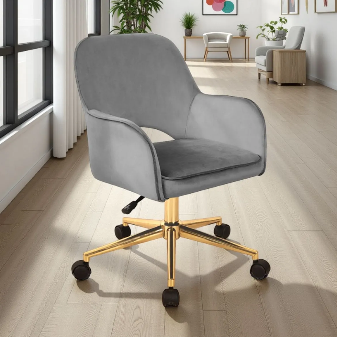 Victoria cor sedia da ufficio regolabile e girevole imbottita grigia in microfibra effetto velluto con ruote 57x58 h80/88 cm