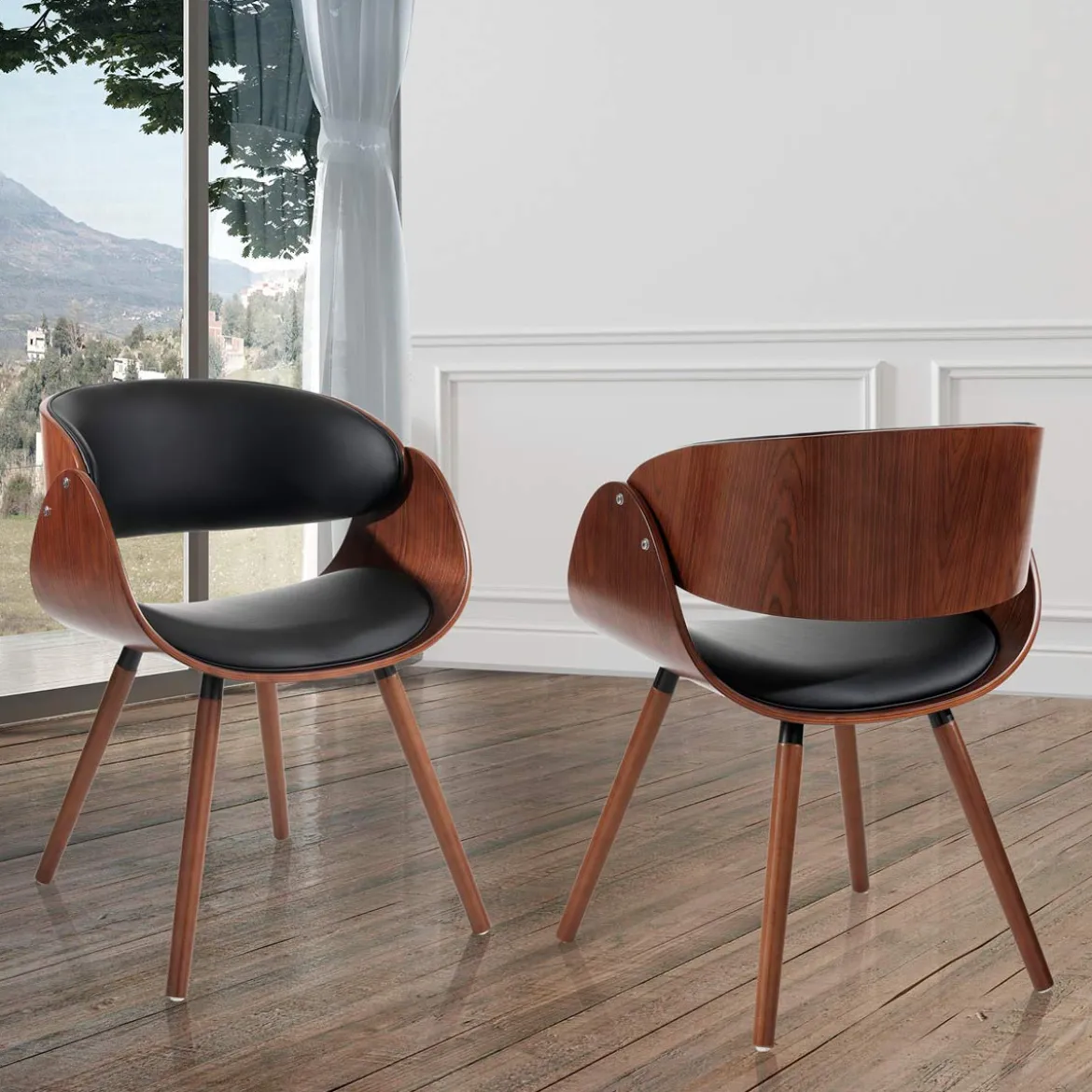 Visby evo dark wood sedia in pelle sintetica nera e legno finitura noce 50x52xh73 cm