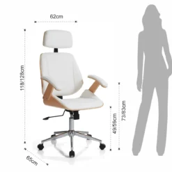 Visby high wood sedia da ufficio regolabile e girevole multistrato finitura noce e pelle sintetica bianca 62x65 h118/128 cm