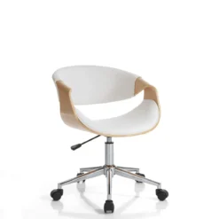 Visby wood sedia da ufficio regolabile e girevole multistrato finitura rovere e pelle sintetica bianca 54x55 h73/83 cm