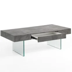 Waver cement tavolino in vetro piano finitura cemento 60x110 h40x cm