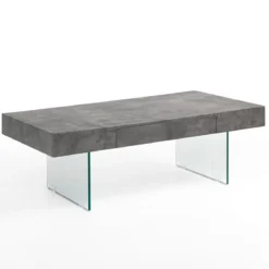 Waver cement tavolino in vetro piano finitura cemento 60x110 h40x cm