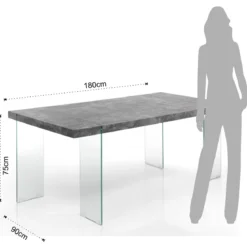 Waver Cement Tavolo Grigio finitura Cemento e gambe in Vetro Temprato 180 x 90 x h75 cm
