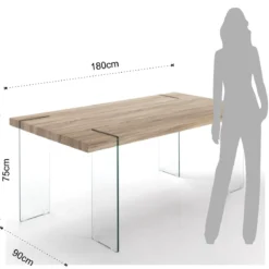 Waver Tavolo Scrivania in Legno finitura Rovere con gambe in Vetro Temprato, 180 x 90 x h75 cm