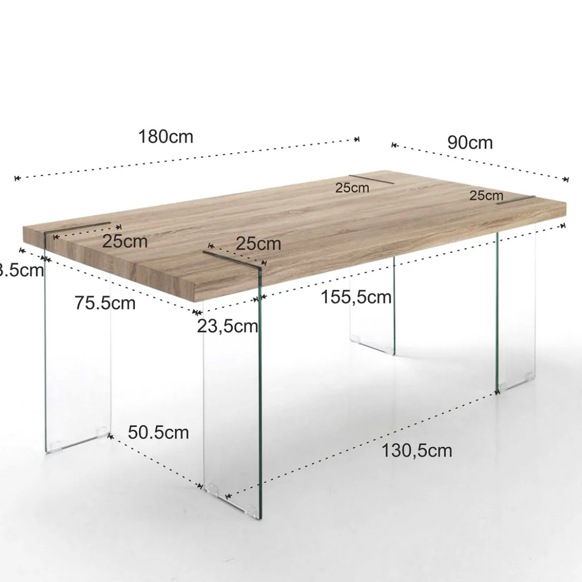 Waver Tavolo Scrivania in Legno finitura Rovere con gambe in Vetro Temprato, 180 x 90 x h75 cm
