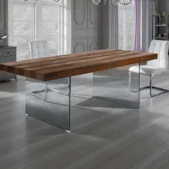 Waver Wood Tavolo Fisso / Scrivania finitura Noce anticato e gambe in Vetro Temprato, 200 x 100 x h 76 cm