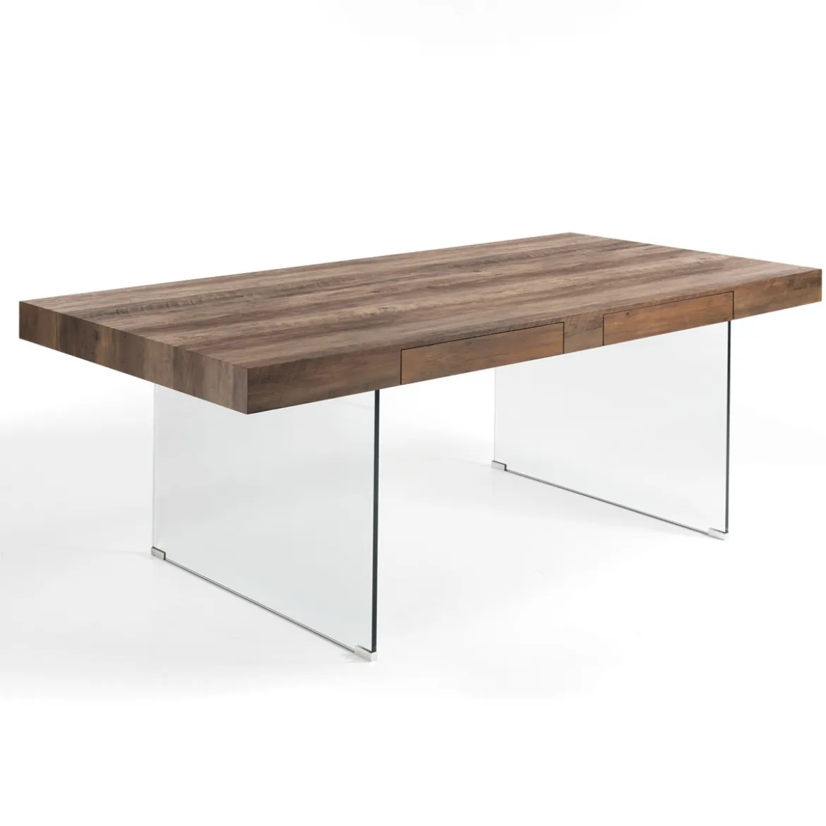 Waver Wood Tavolo Fisso / Scrivania finitura Noce anticato e gambe in Vetro Temprato, 200 x 100 x h 76 cm
